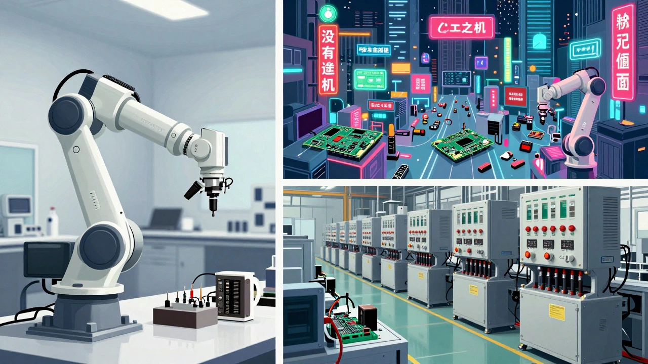 Conceptual illustration of Japanese robotics, Chinese tech hubs, and German industrial plants