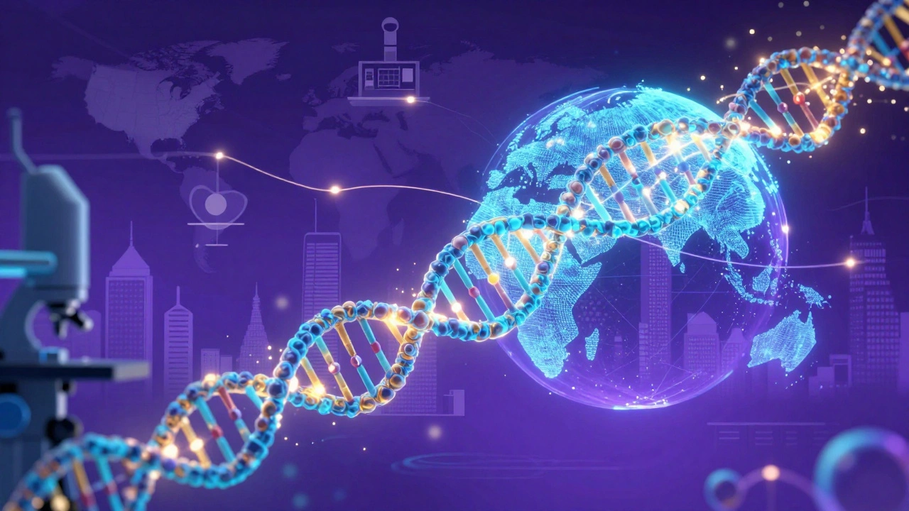 Digital illustration of AI-driven drug discovery and a global supply chain