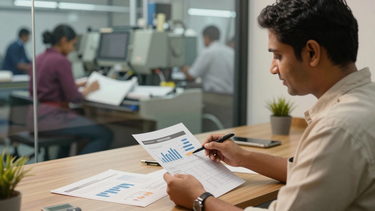 Entrepreneur reviewing a business project report with a garment factory visible in the background