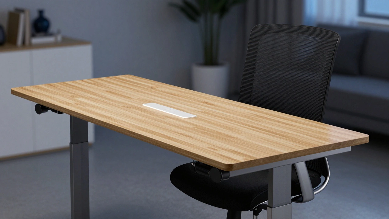 Ergonomic home office with a bamboo sit-stand desk and a breathable mesh chair.