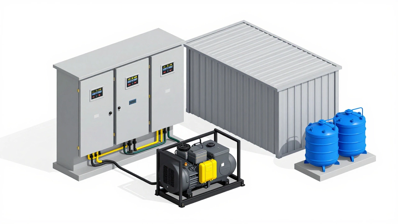 Isometric view of factory infrastructure including a generator, electrical panel and water treatment plant