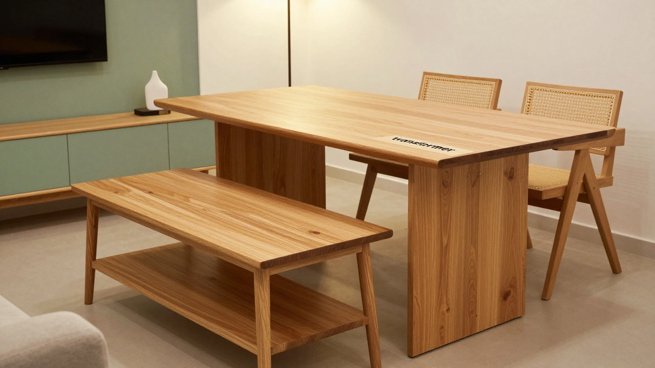 Multifunctional expanding dining table in a modern Indian home with cane accents.