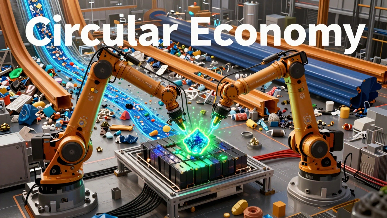 Robotic arms extracting minerals from EV batteries in a circular economy facility.