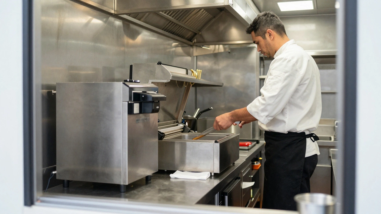 The organized interior of a professional food truck kitchen with industrial equipment.