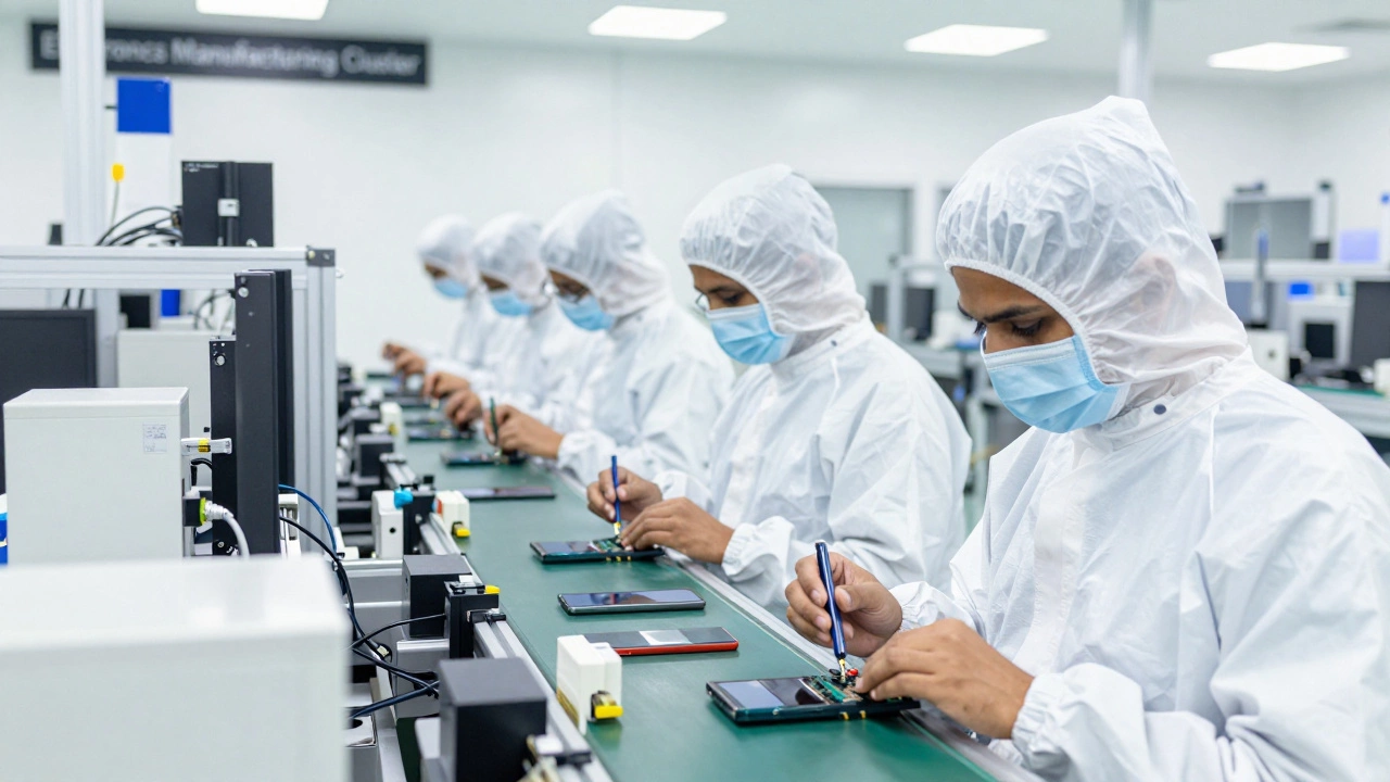 Workers in a modern Indian electronics factory assembling smartphones on a production line