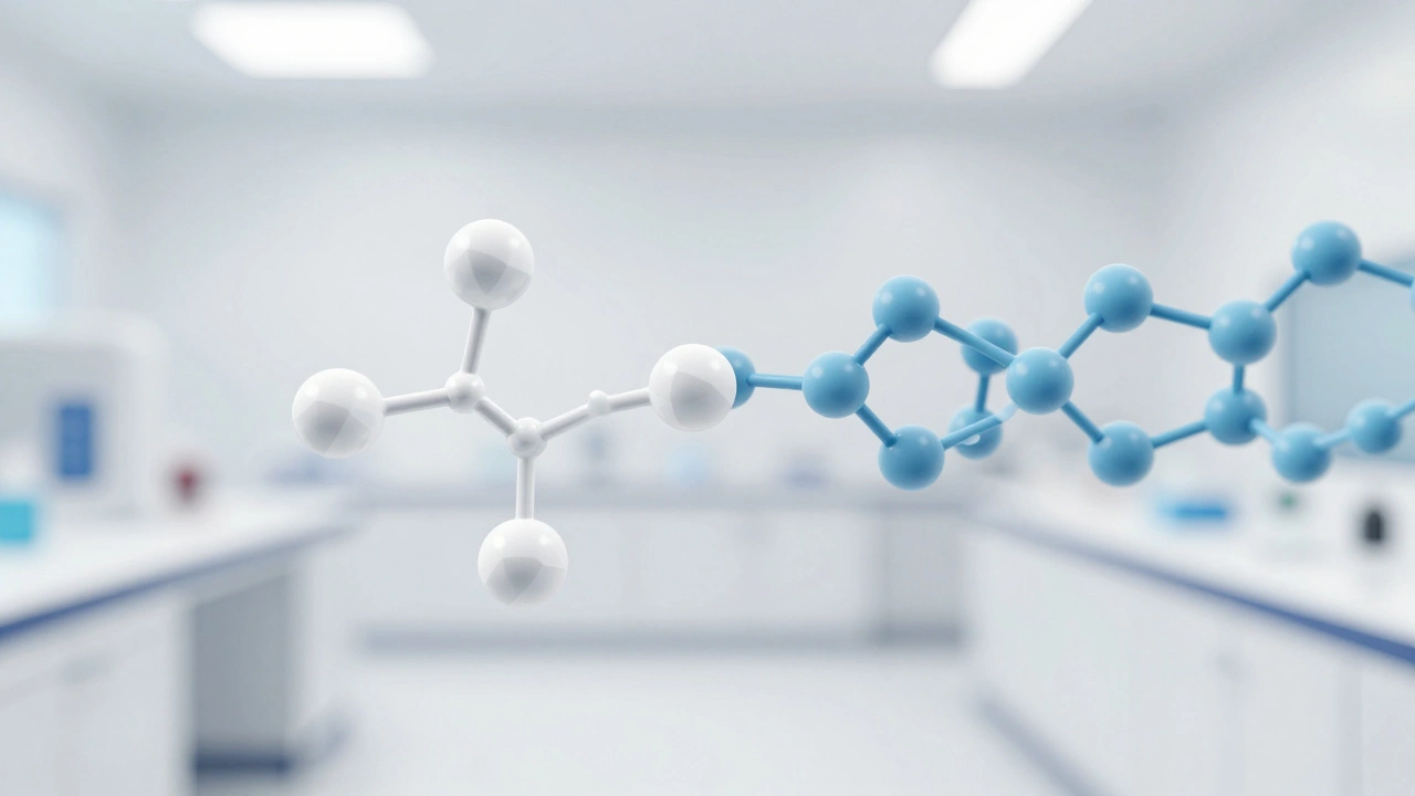 3D visualization of monomer molecules linking into long polymer chains.