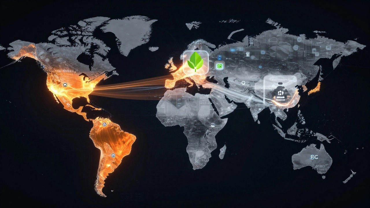 Abstract map showing India's textile export flows to US and Europe