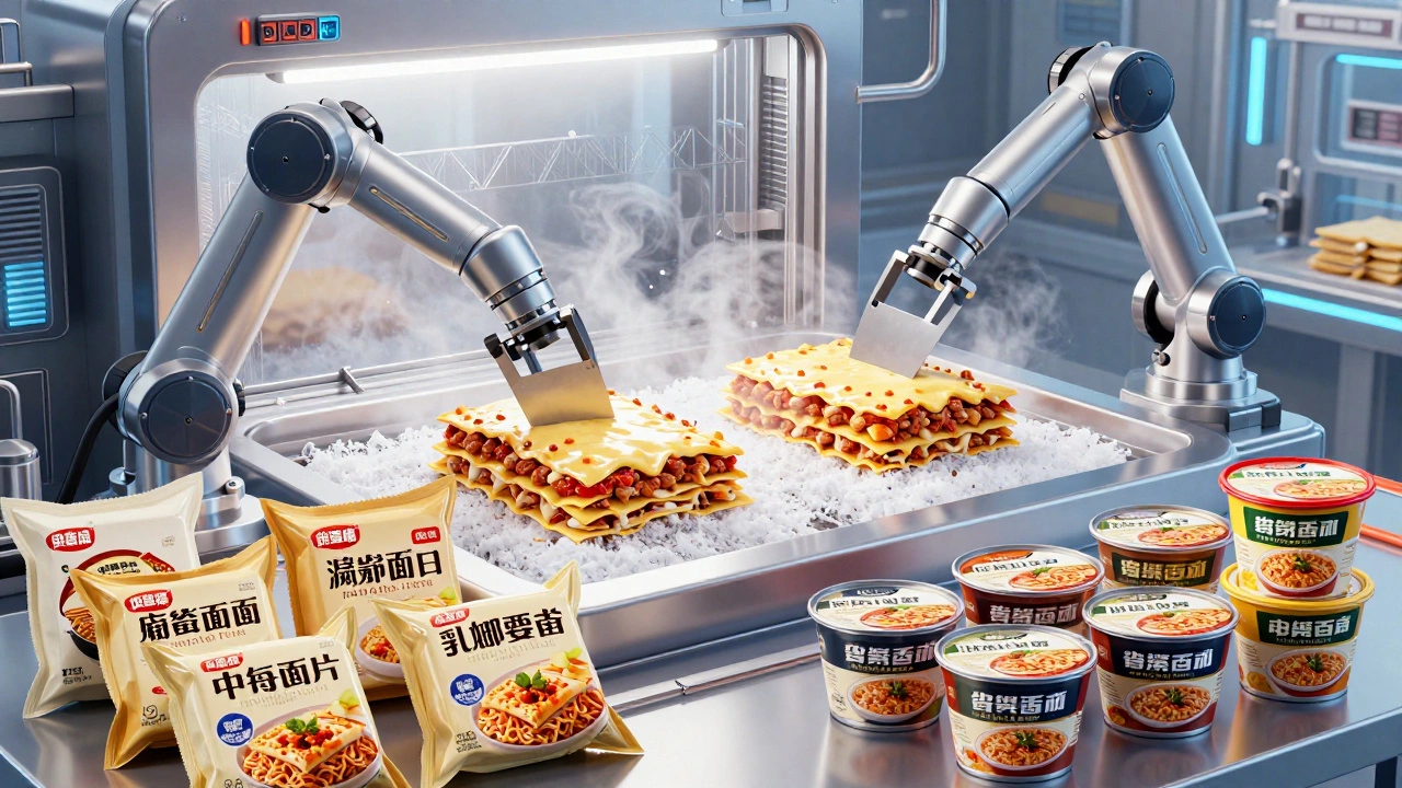 Automated assembly of frozen meals and packaged convenience foods
