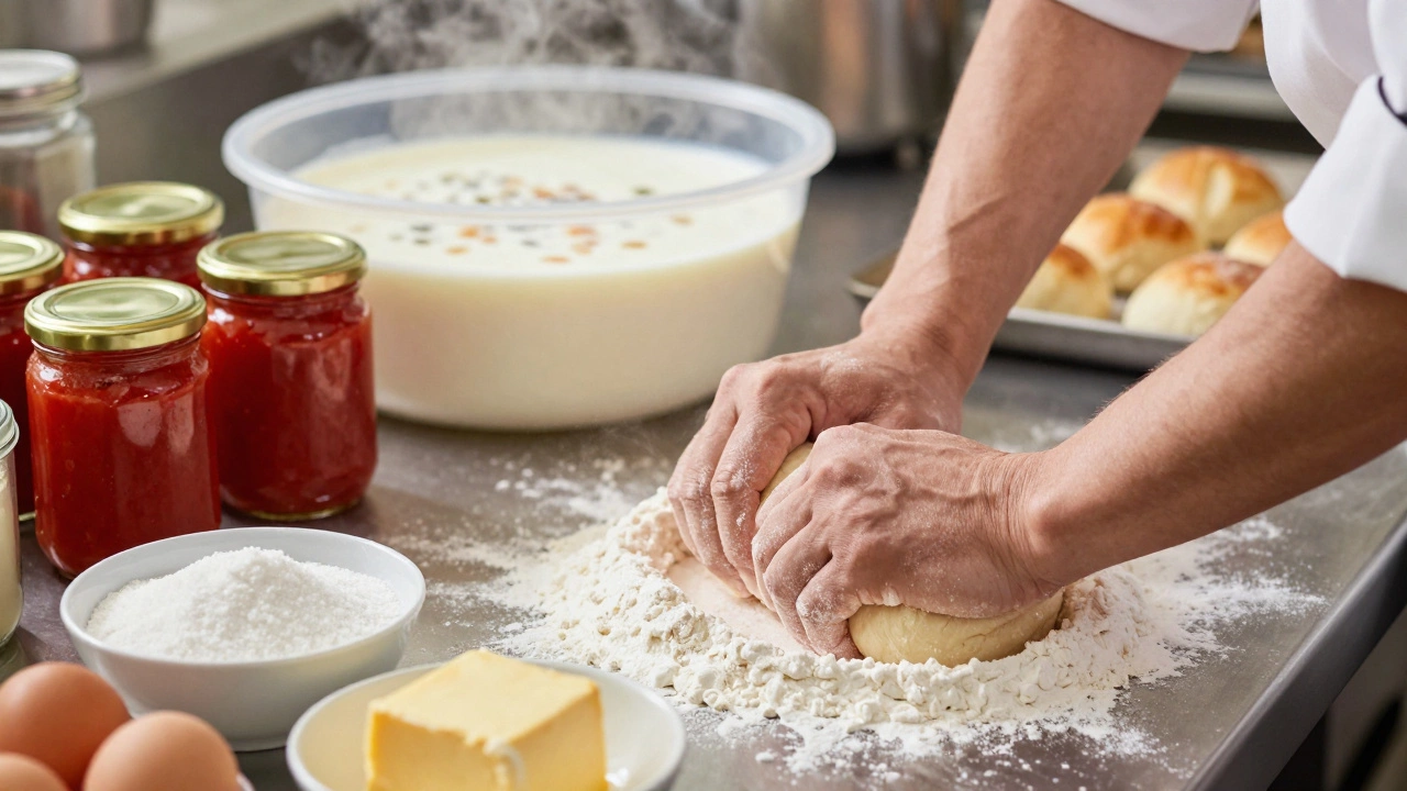Chef kneading dough and fermenting yogurt in a commercial kitchen