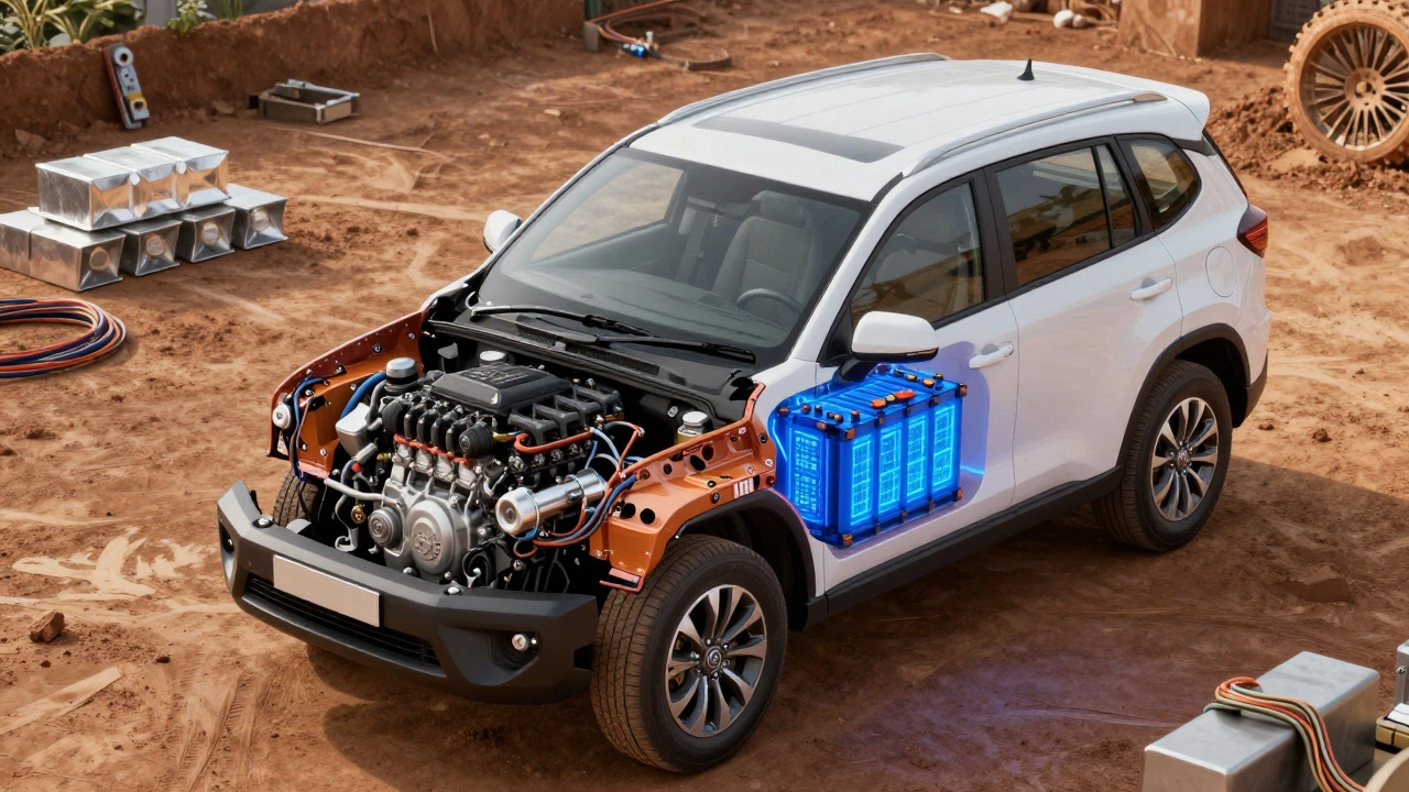 Cutaway illustration of a Toyota hybrid car showing local and imported engine parts