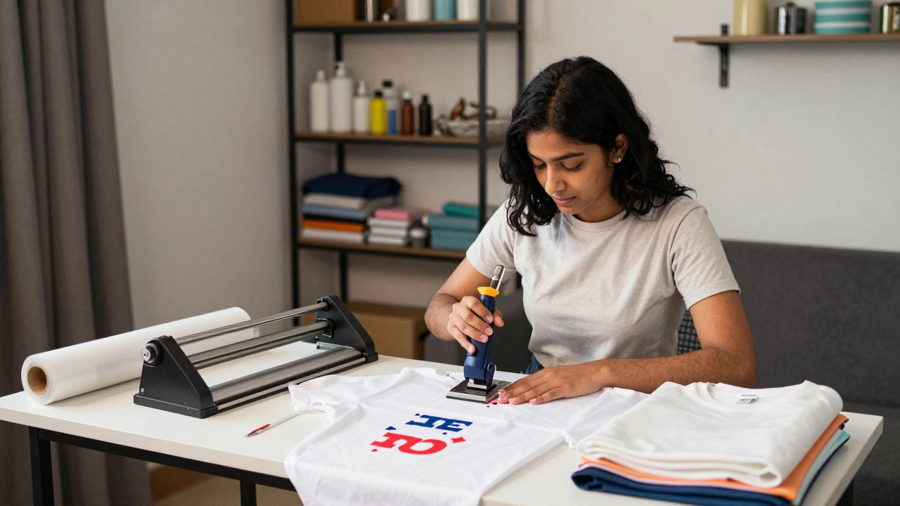 Entrepreneur using heat press for custom t-shirt printing at home