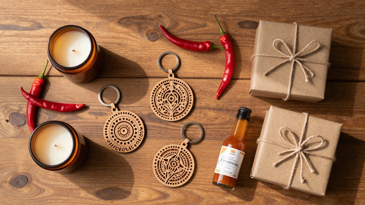 Flat lay of handmade candles, wood crafts, and sauces on wood table