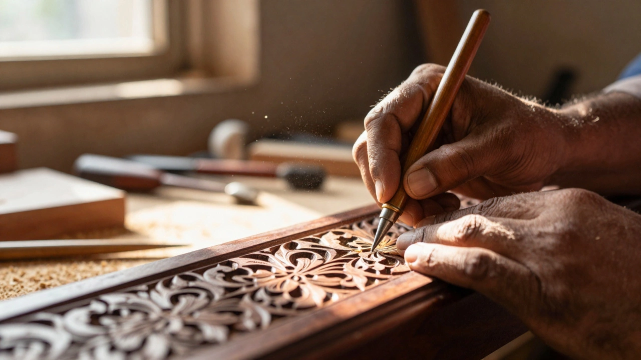 Indian artisan hand-carving intricate details into rosewood