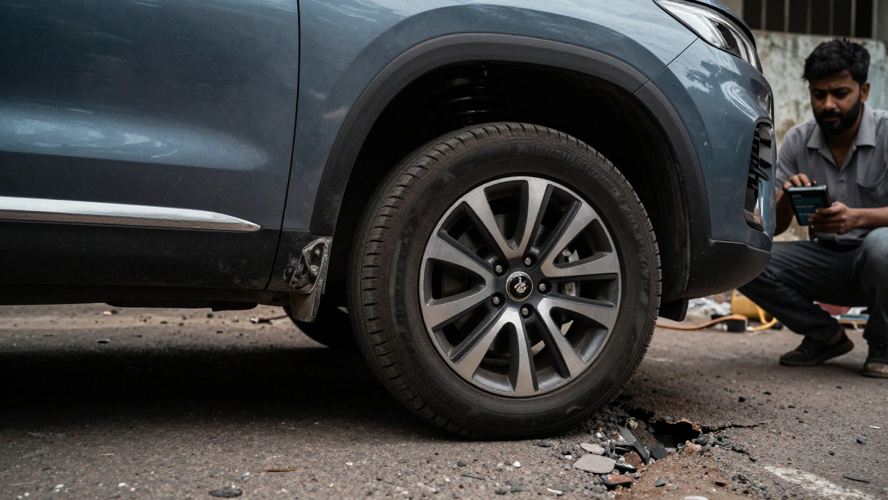 Luxury SUV struggling on rough Indian roads with repair concerns.