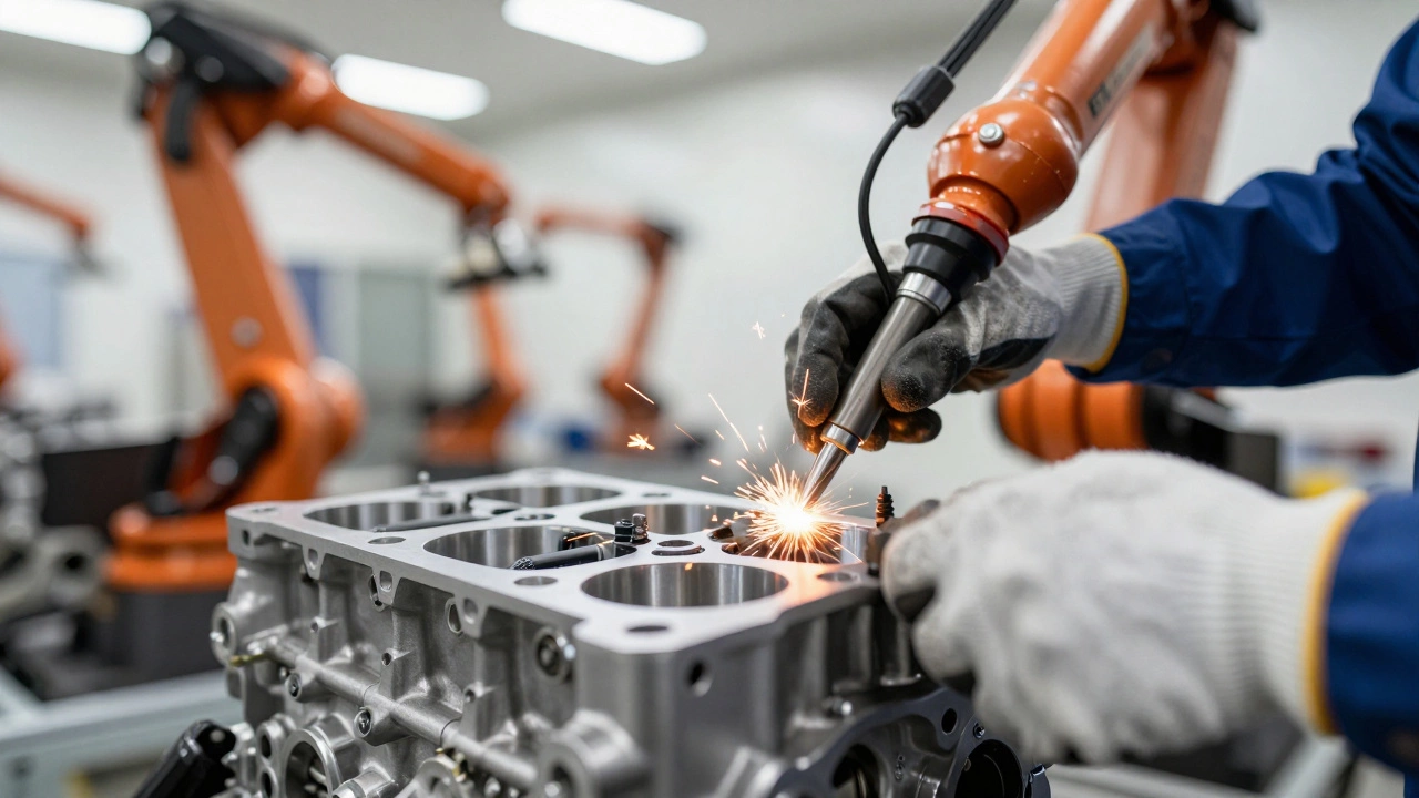 Mechanic assembling a Toyota engine component in a high-tech manufacturing facility