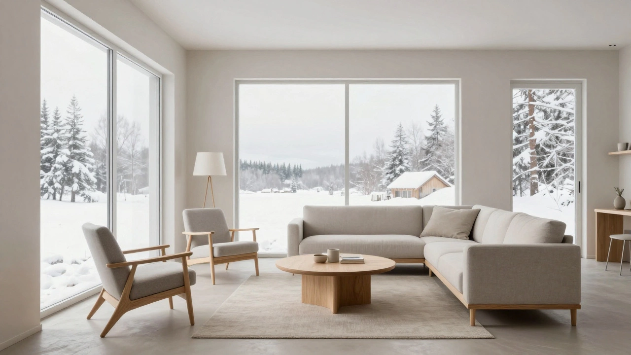 Minimalist Scandinavian living room with light wood furniture