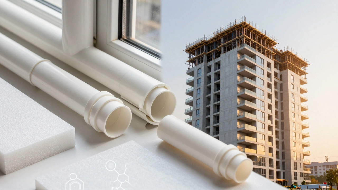Modern building constructed with durable PVC pipes and plastic insulation materials.