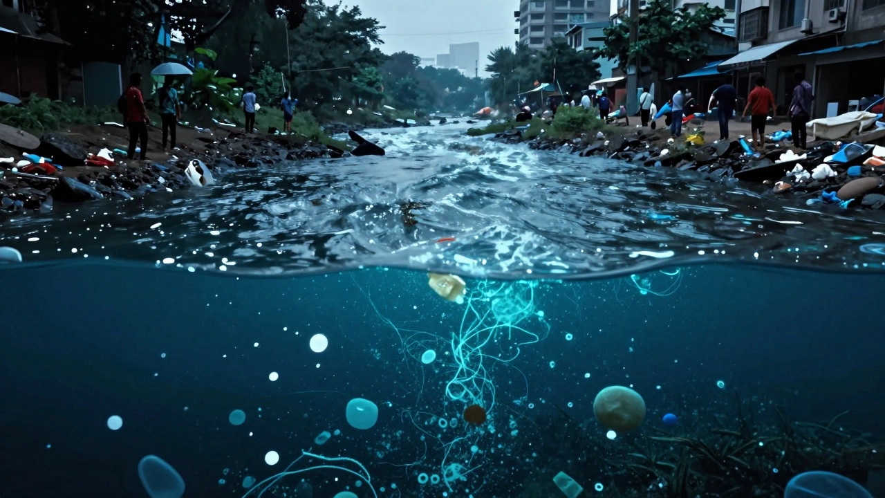 River flowing with microplastics into the ocean