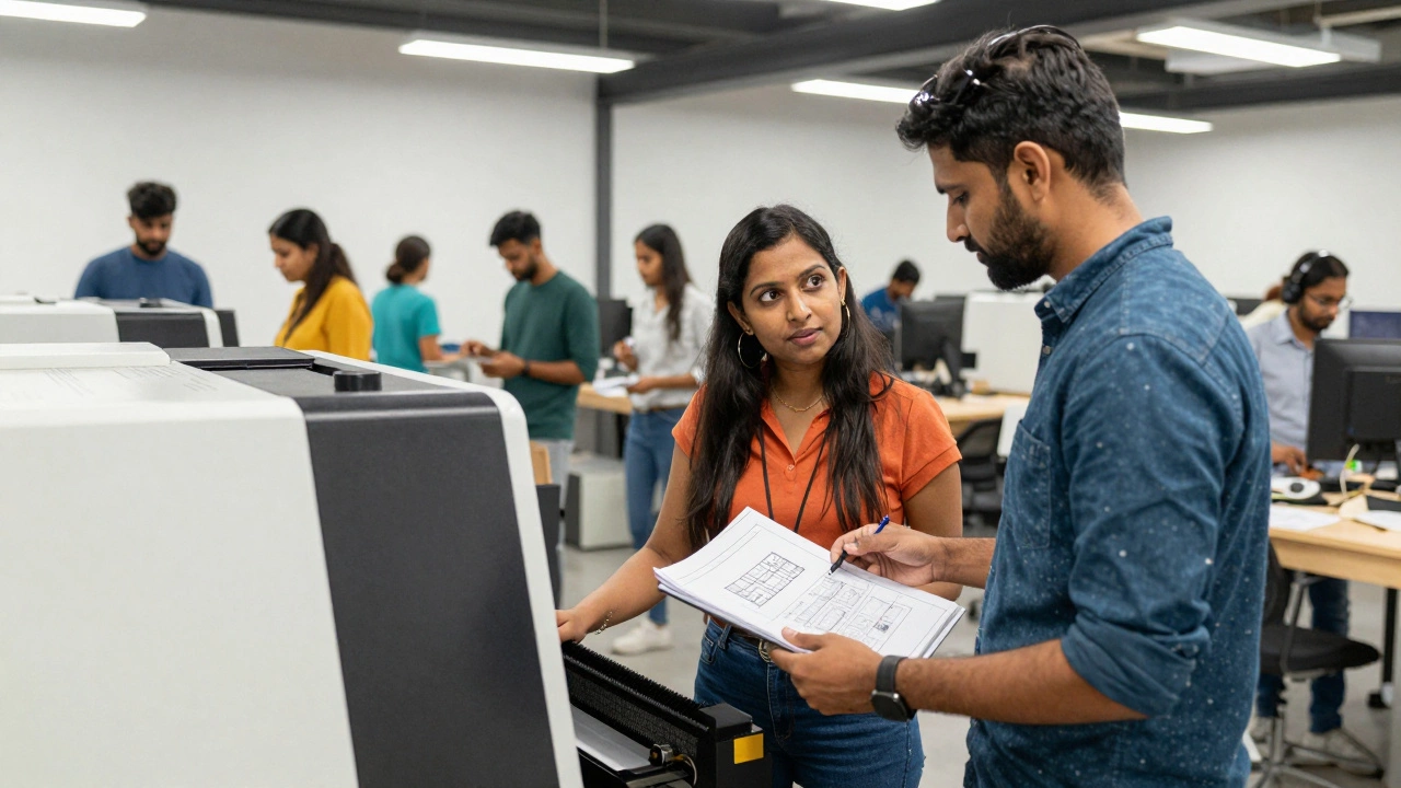 Small manufacturers collaborating and using shared machinery in an industrial workspace