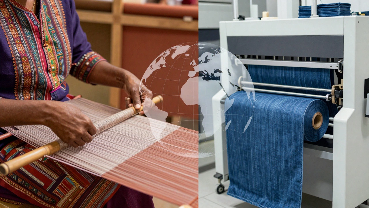 Split view of Indian handloom weaving and modern denim production