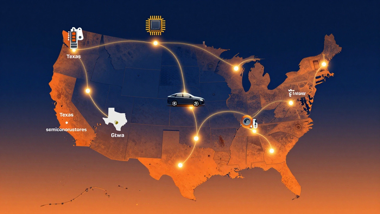Stylized map showing diversified high-tech manufacturing hubs across the US