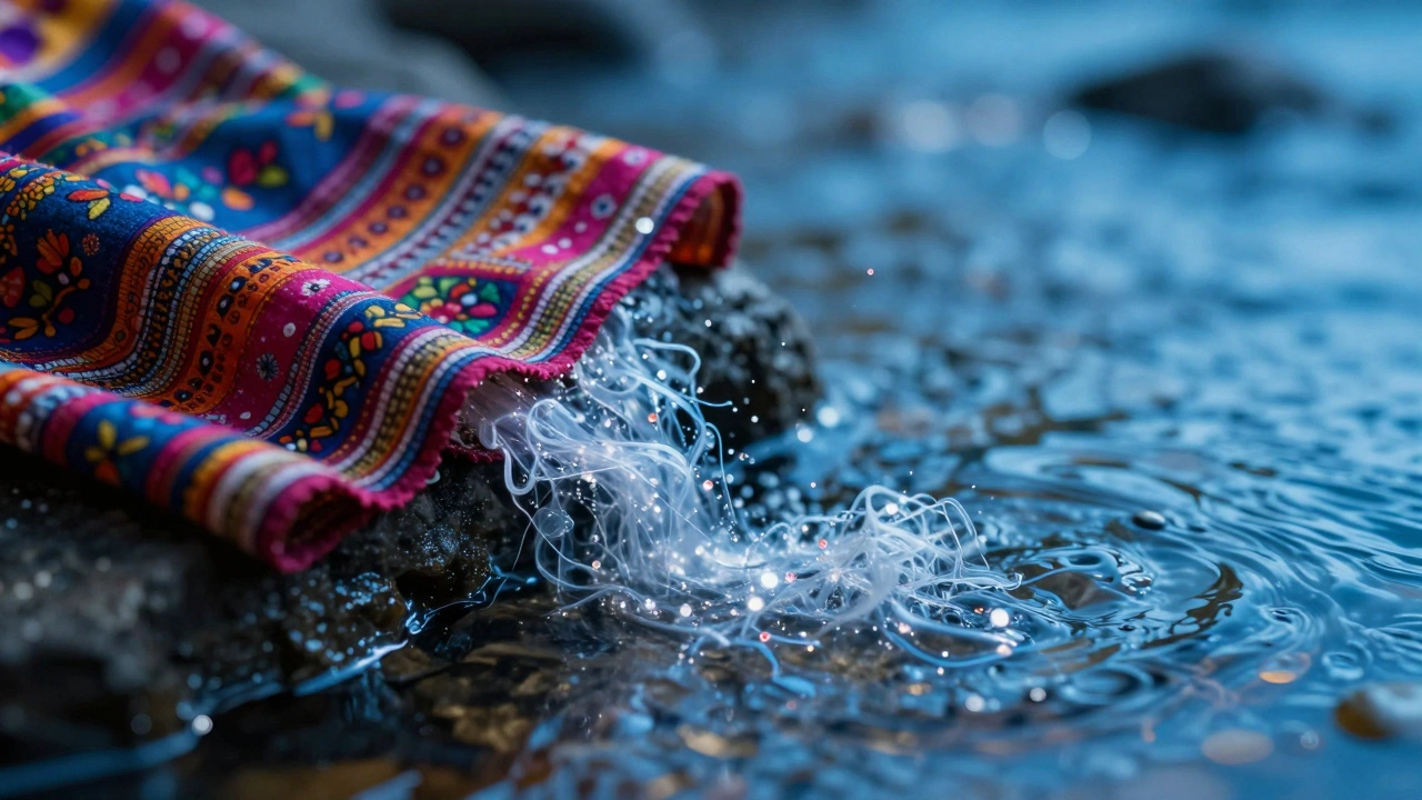 Synthetic fabric shedding tiny microplastic fibers into flowing water.