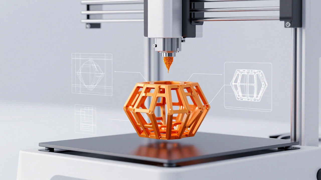 3D printer nozzle building a complex lattice structure layer by layer
