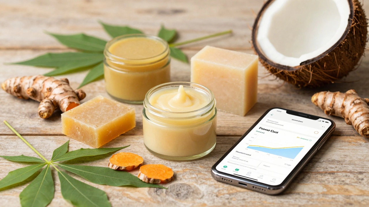 Artisanal skincare jars with local ingredients and a sales dashboard on wood
