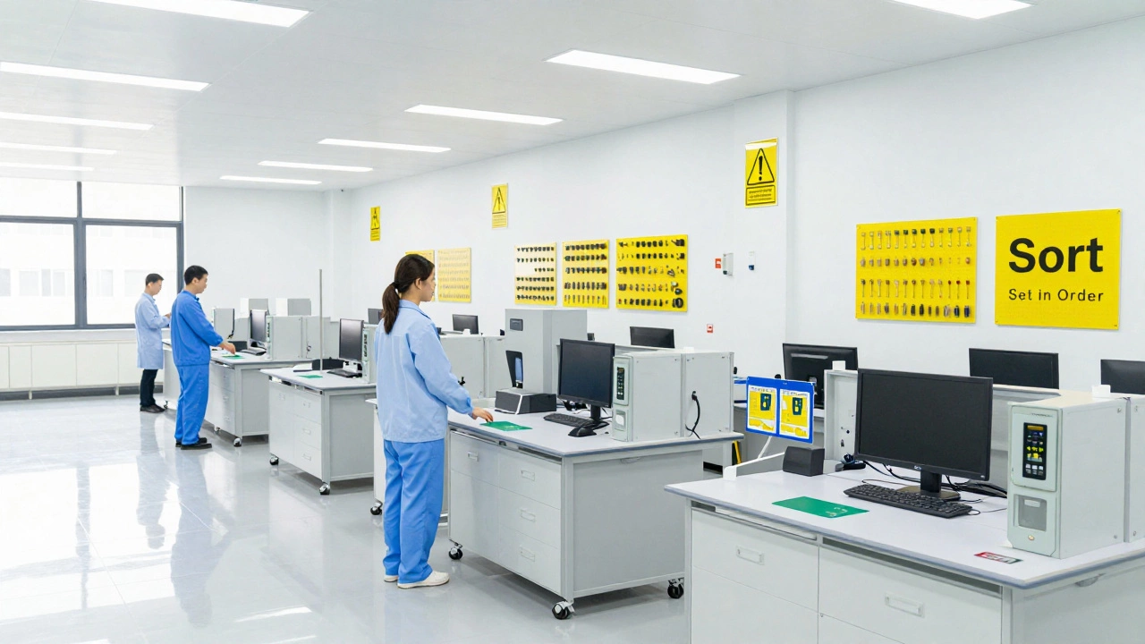 Clean, organized modern workshop with workers using shadow boards