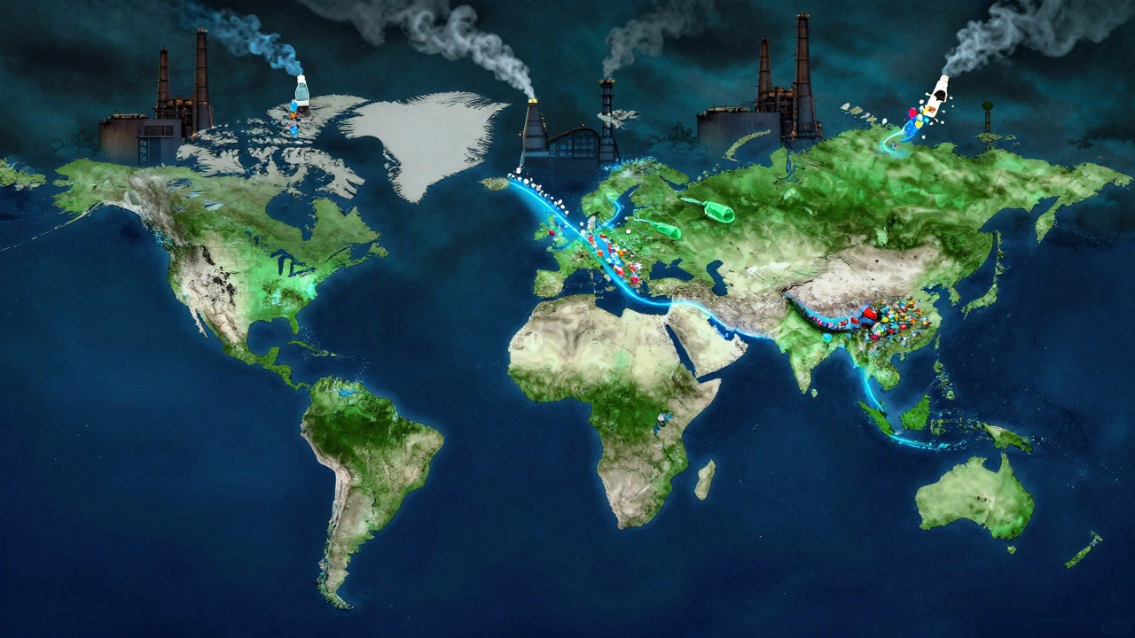 Conceptual map showing rivers carrying plastic pollution from cities to the ocean.