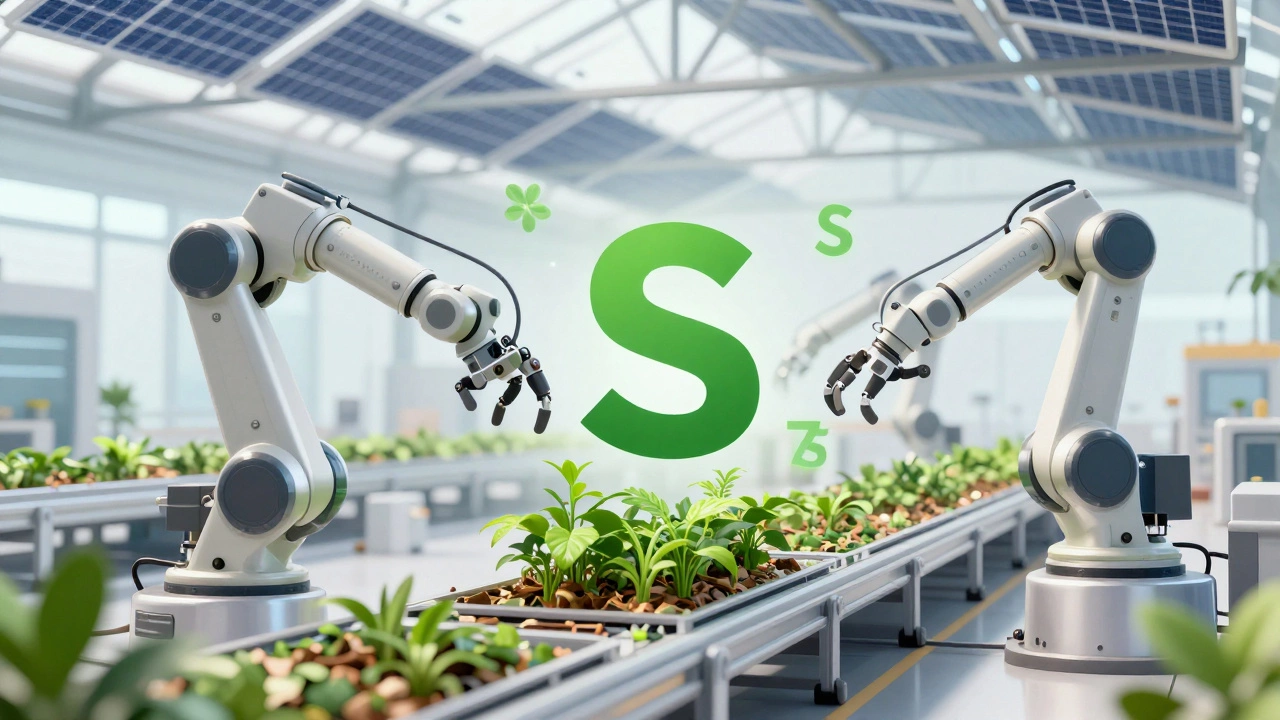 Futuristic sustainable factory with greenery and solar energy integration