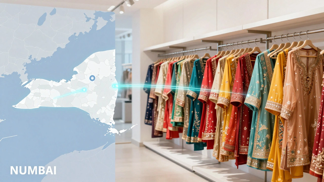 Indian garments on display racks in a modern US retail store.
