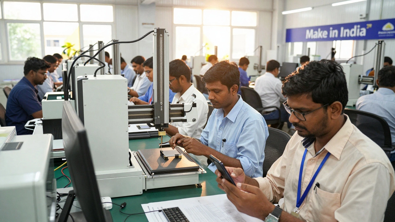 Indian workers assembling electronics in a modern factory