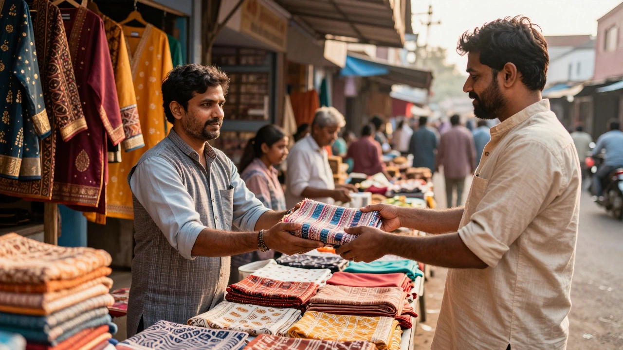 Local vendor selling custom textiles to customer in Indian market