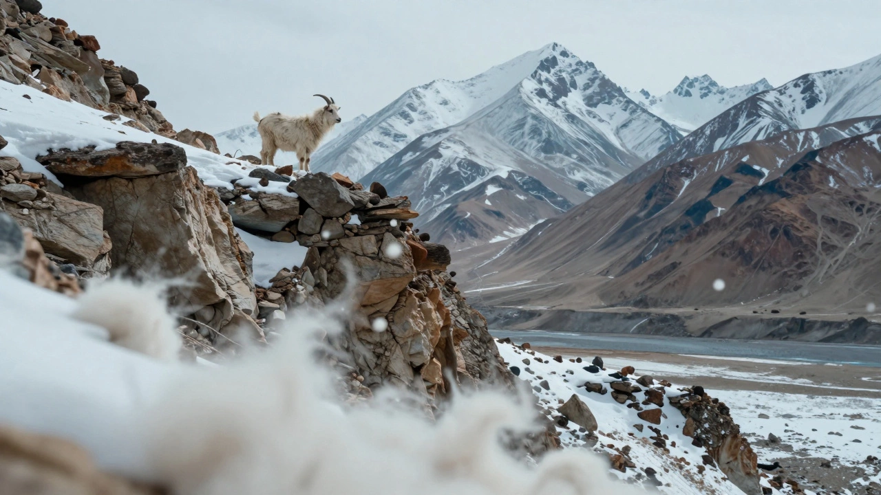 Pashmina goat in snowy Himalayas