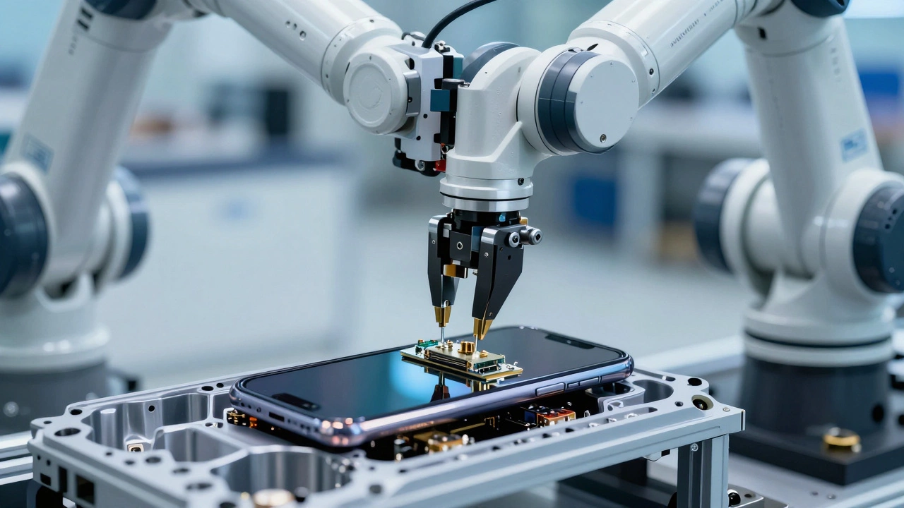 Robotic arm assembling precise electronic components on a factory line