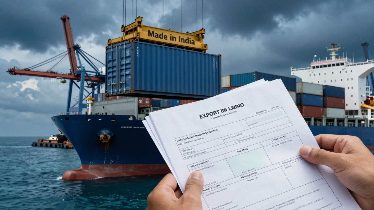 Shipping container loading at Mumbai port with export documents in foreground.