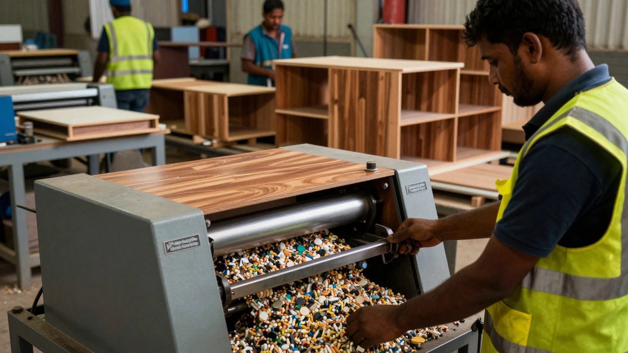 Small scale factory in India recycling plastic and making furniture