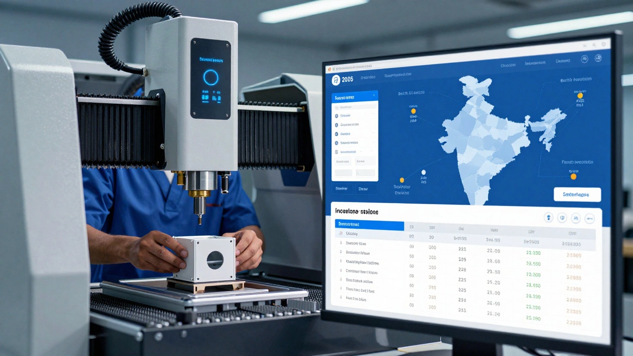 Technician using CNC machine with digital inventory management overlay