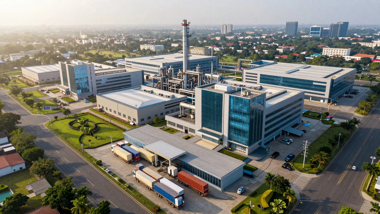 Aerial view of a biotech park and logistics center in Hyderabad, India