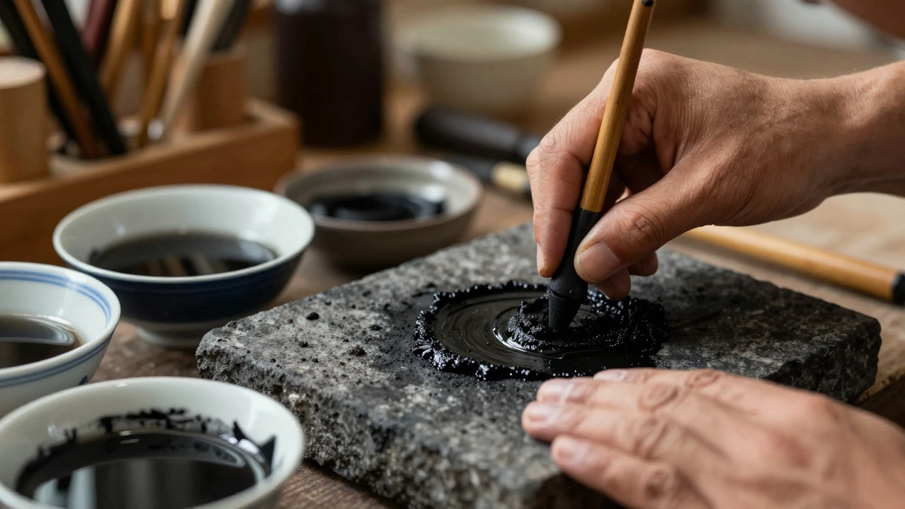 Artisan grinding traditional black sumi ink on a stone slab in a workshop