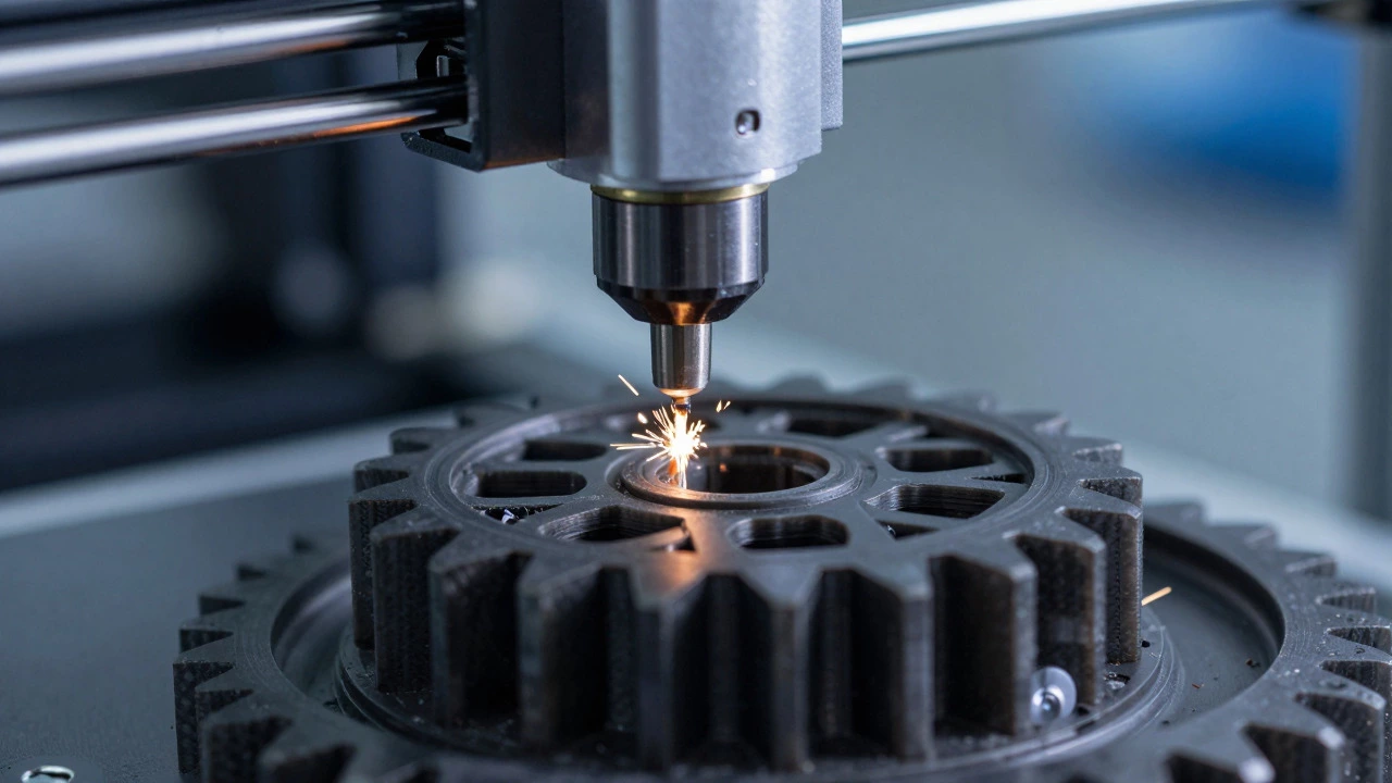 Close-up of industrial 3D printer creating a durable carbon-fiber mechanical gear.
