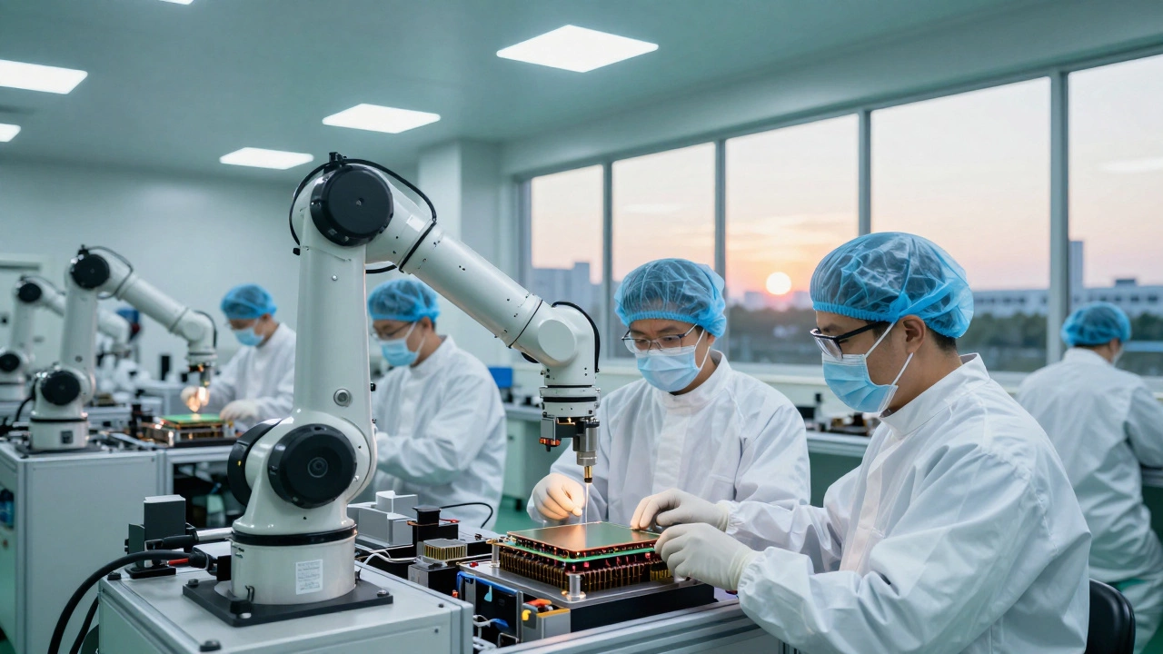Engineers working in a futuristic semiconductor packaging facility