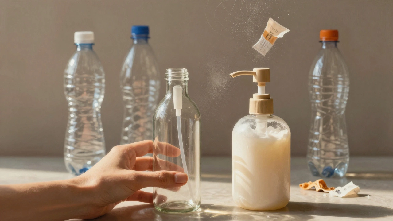 Glass refill bottles contrasting with fading plastic waste