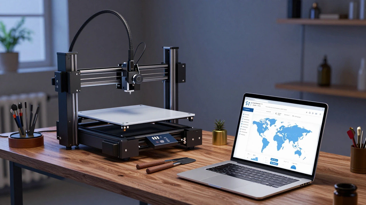 Home studio with 3D printer and laptop showing global sales