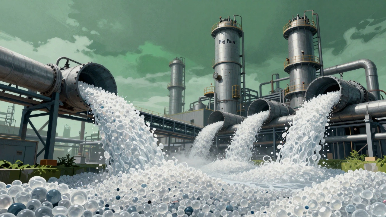 Industrial monoliths producing massive flows of plastic pellets