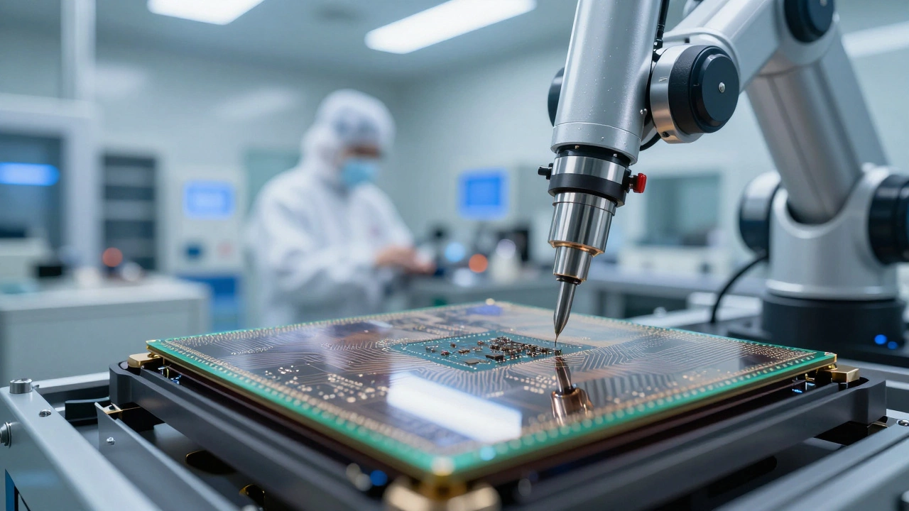 Robotic arm handling a silicon wafer in a high-tech cleanroom