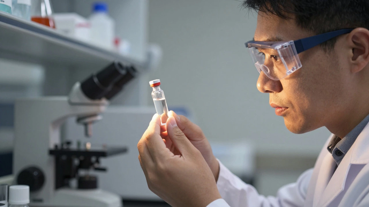 Scientist inspecting a vial in a sterile laboratory for quality control