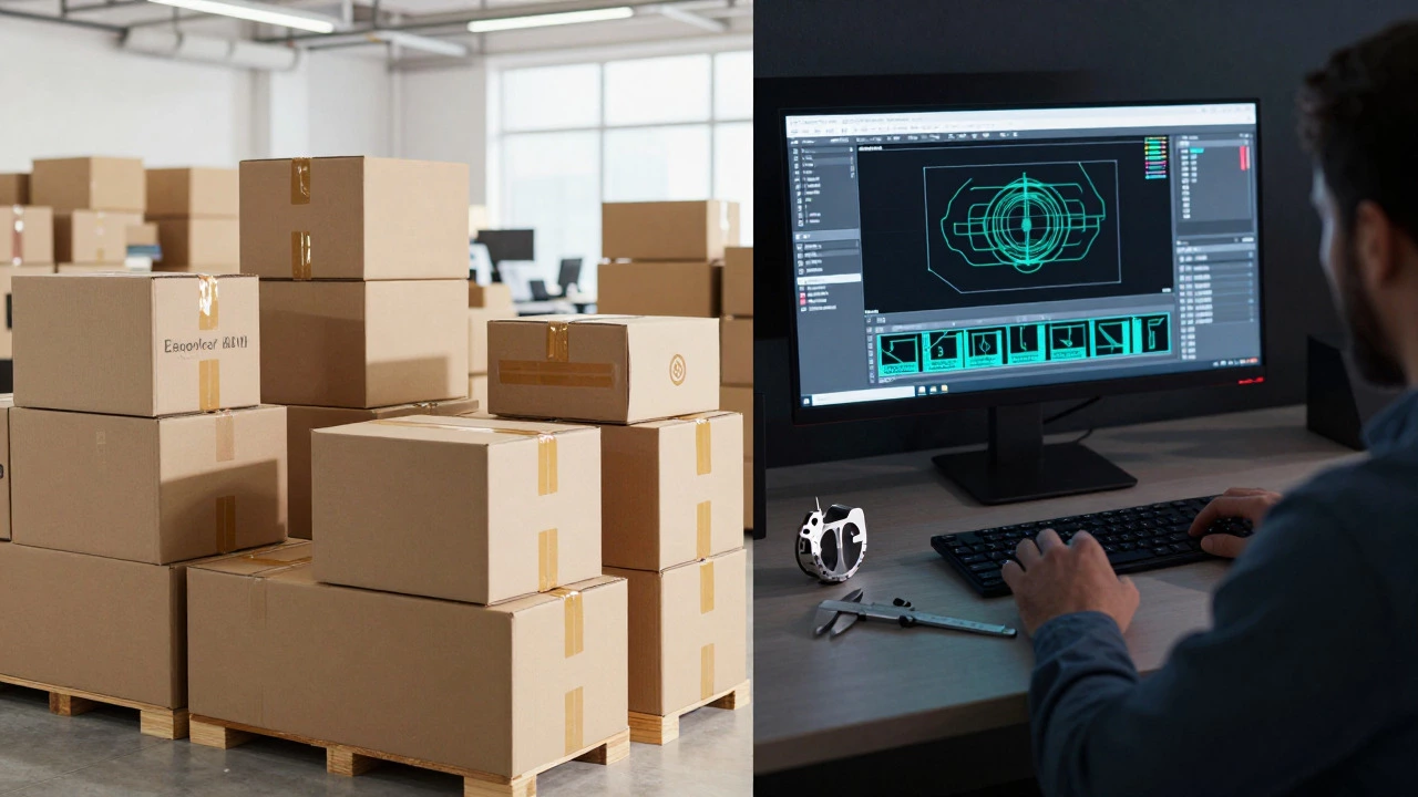Split view contrasting bulk eco-packaging production with precise 3D part engineering.