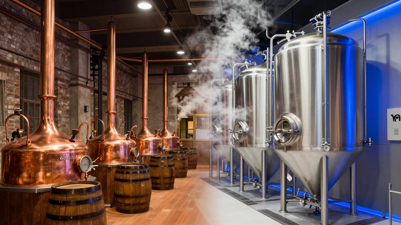 Split view of historic brewery equipment merging with modern automated systems